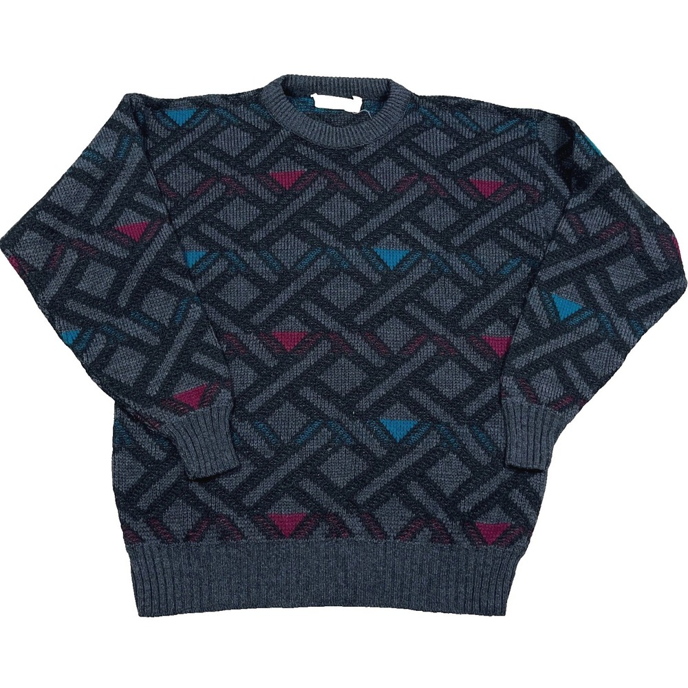 Vintage Grandpa Sweater Men Medium Gray Geometric Acrylic Knit Cosby Y2K USA 90s